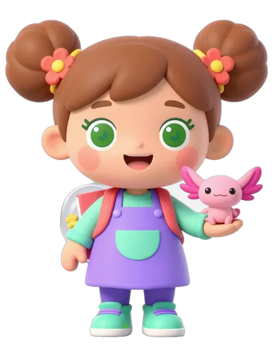 Juno smiling, a girl with auburn hair buns, green eyes and a purple pinafore, holding Lolo the axolotl