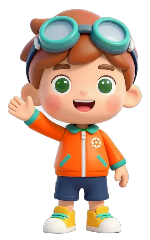 Ozzie waving, a boy with auburn hair, green eyes, teal goggles and an orange jacket
