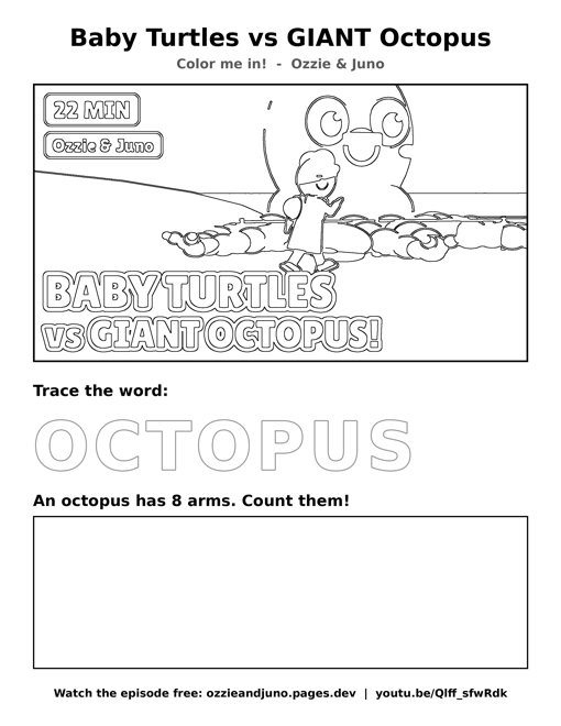 Baby Turtles vs GIANT Octopus coloring and tracing sheet