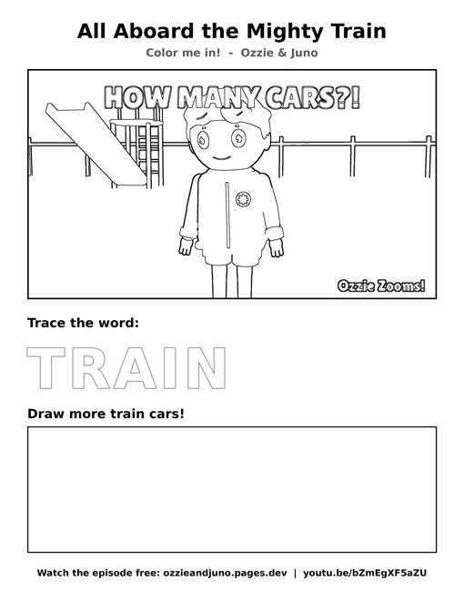 All Aboard the Mighty Train coloring and tracing sheet