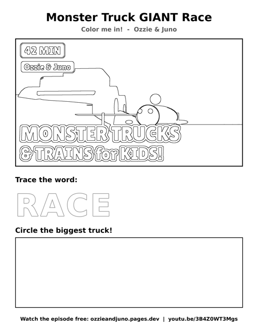 Monster Truck GIANT Race coloring and tracing sheet
