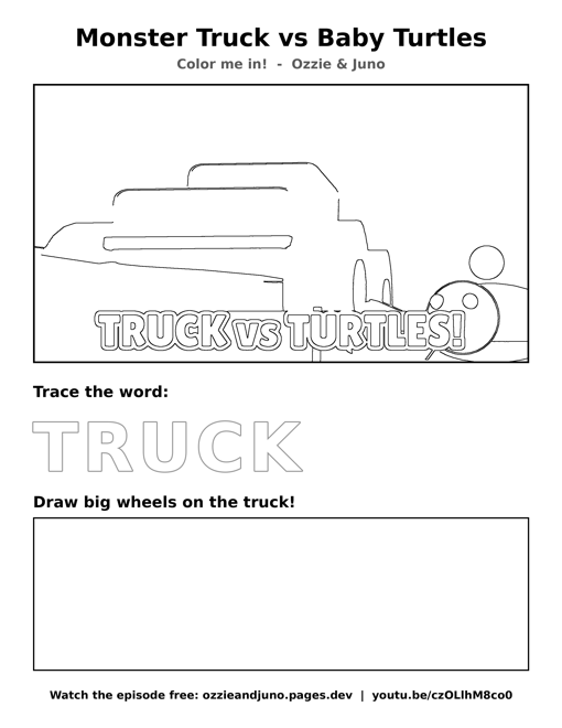 Monster Truck vs Baby Turtles coloring and tracing sheet